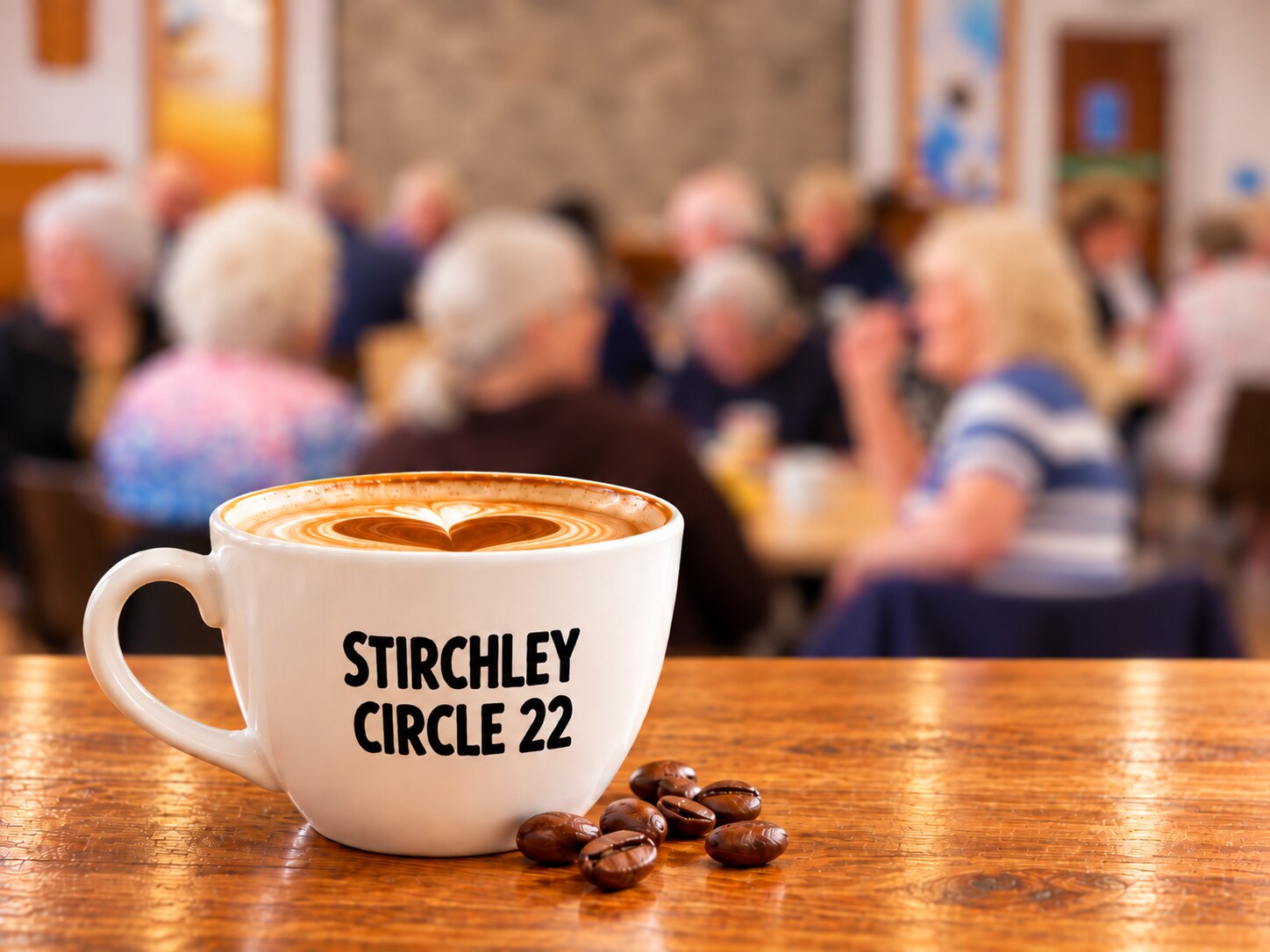 Stirchley Circle 22 coffee cup with people enjoying a gathering in the background