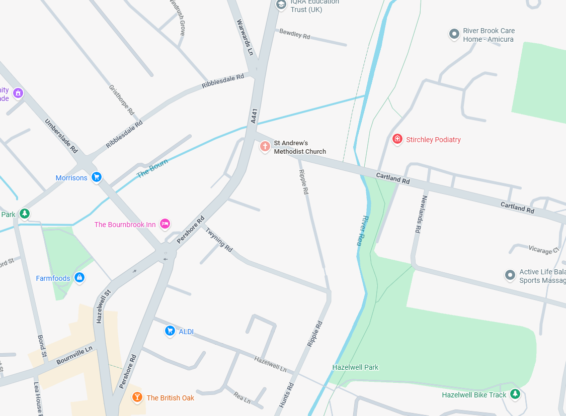 Map showing St Andrews Hall on Cartland Road near Pershore Road, Stirchley